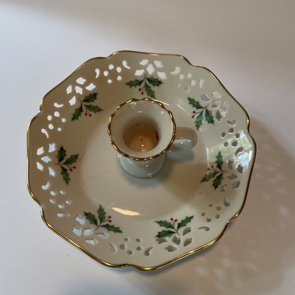 Lennox Holiday Pierced Chamber-stick‎ Candle Stick Holder Holly & Berries